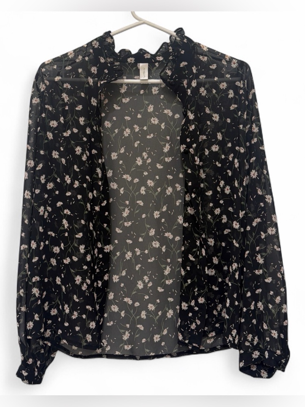 Black Floral Sheer Ruffle-Neck Blouse